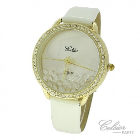 Montre Femme Celsior Paris Strass cadran doré bracelet blanc