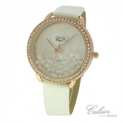 Montre Femme Celsior Paris Strass cadran rosé bracelet blanc
